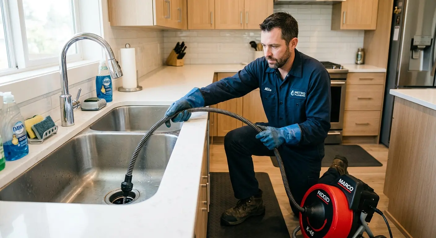 Drain cleaning technician using a motorized snake on a kitchen sink in Sausalito