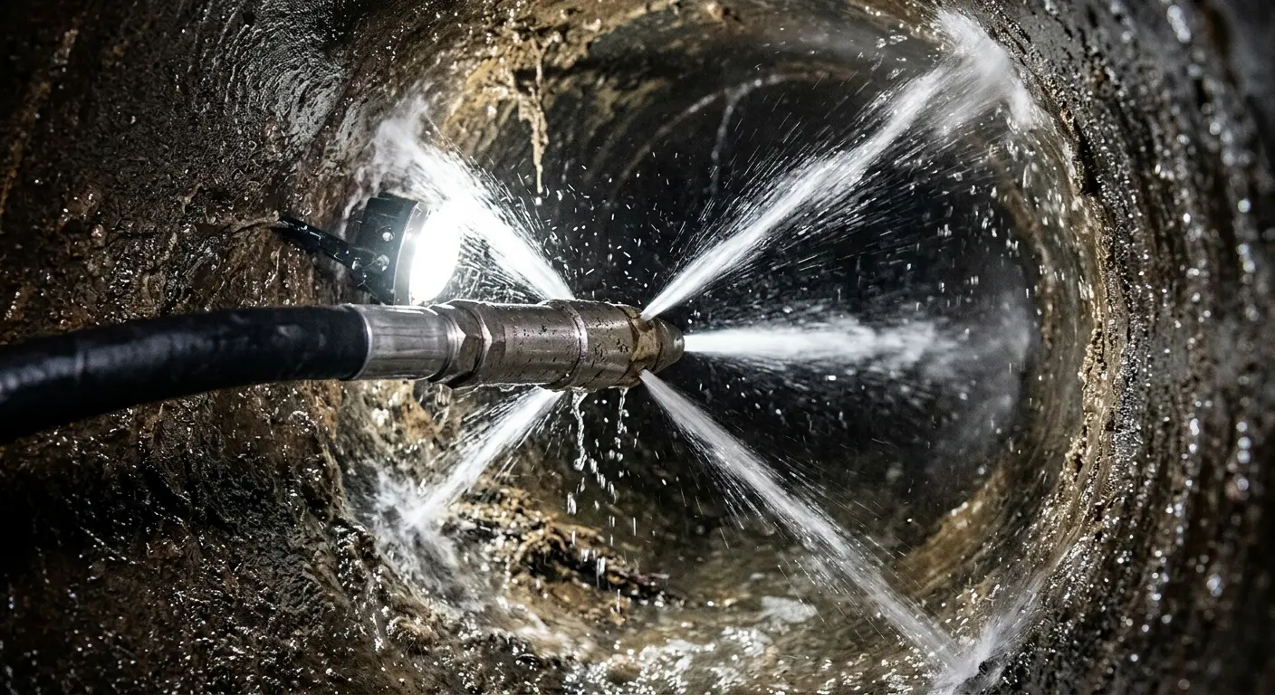 High-pressure hydro jetting nozzle cleaning sewer pipe for Sewer Cleanout in Sausalito