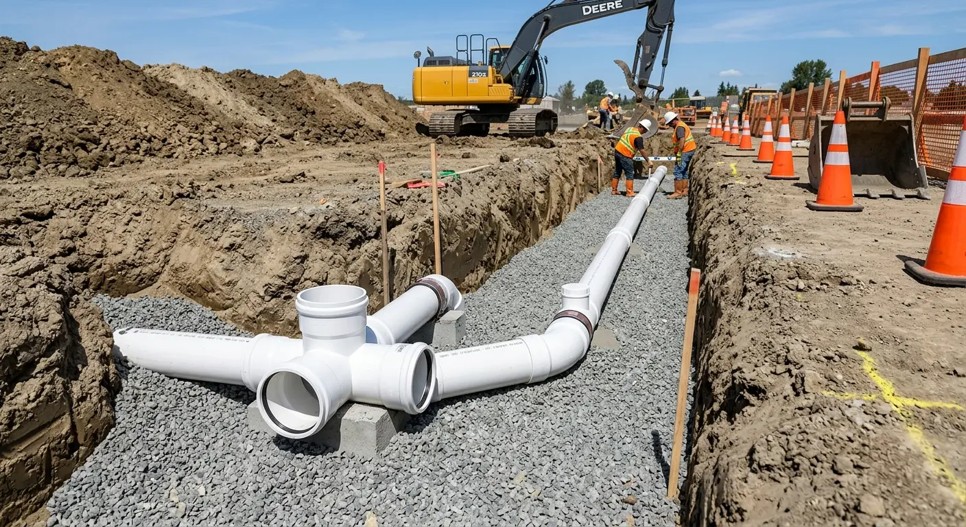 New PVC sewer pipe installation in open trench for Sewer Backup in Sausalito