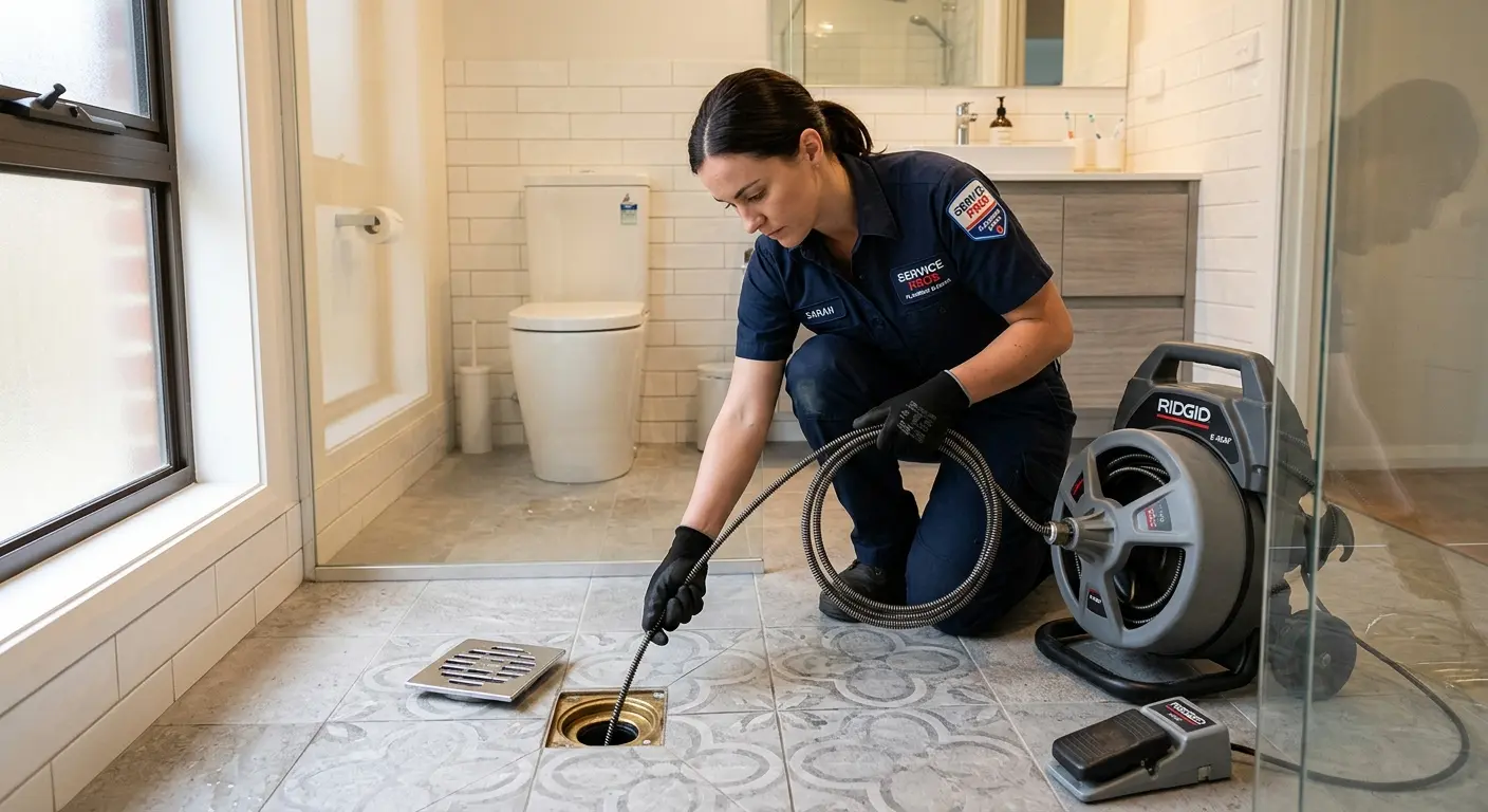 Technician clearing a bathroom floor drain for Drain Cleaning in Sausalito
